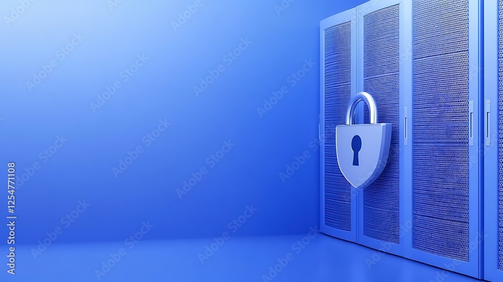 Poster secure data storage concept with digital lock and server in blue background for cybersecurity illust