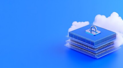 Secure Data Storage Concept with Digital Lock on a Stack of Transparent Server Components with Cloud Background