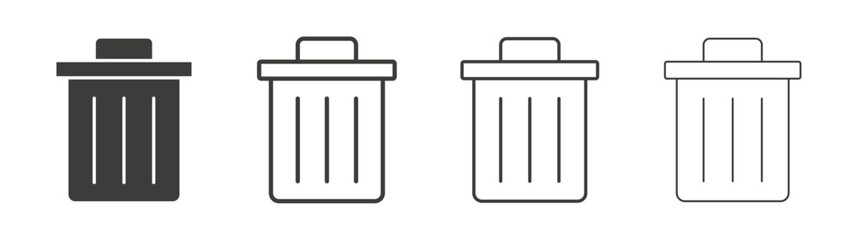 Trash icons set. Liner outlined and flat black color