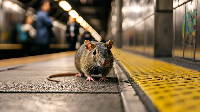 Curious rat near person foot on yellow subway platform. Urban street, harsh realities of city life. Animal survival. Dirty garbage mouse extermination. Mice Infestation. Get rid of rodents issue.