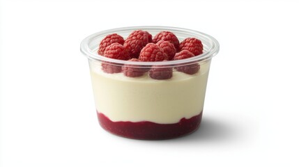 A glass jar of creamy panna cotta topped with fresh raspberries, placed on a white background. --chaos 20 --ar 16:9 --quality 2 --v 6.1 Job ID: a0cb197e-75dd-4c6f-b6a8-6ef3a712298c
