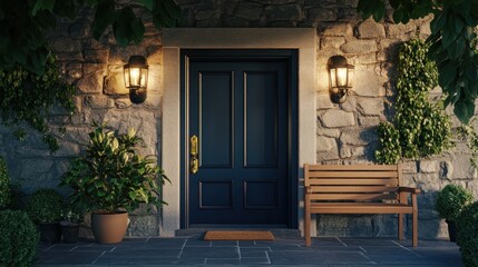 Fototapeta premium Evening Ambiance: Serene Entrance with Dark Door and Lit Lanterns