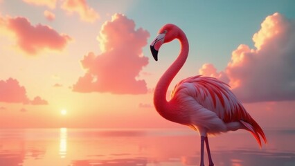 Fototapeta premium Serene Flamingo at Sunset, a Pink Bird Silhouette Against a Vibrant Sky