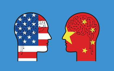 Two heads with the brain AI, USA and China flag