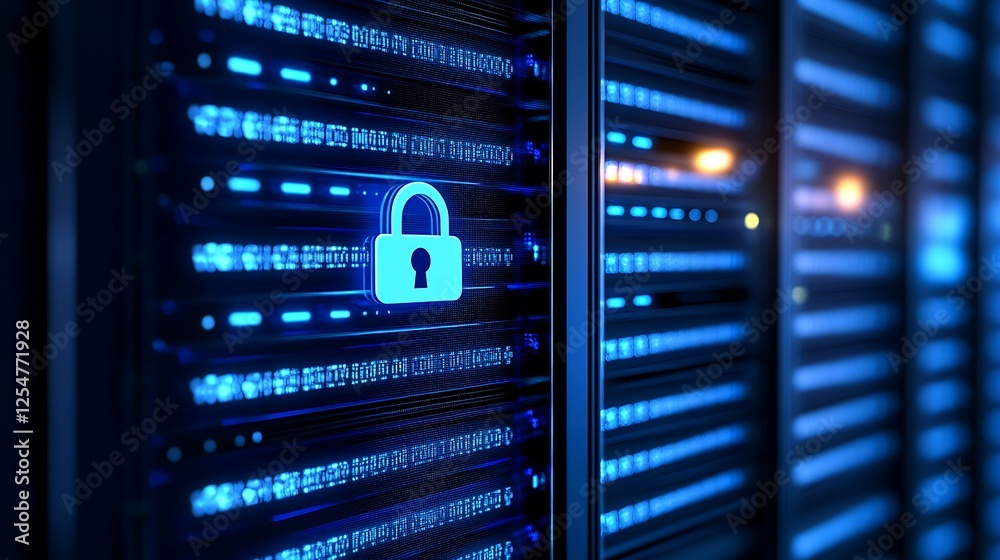 Poster secure data storage visualization with digital lock on server racks in blue light environment