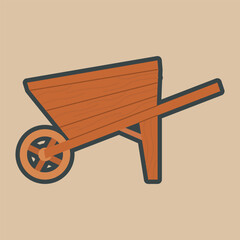 wooden wheel barrow with outline flat vector design.