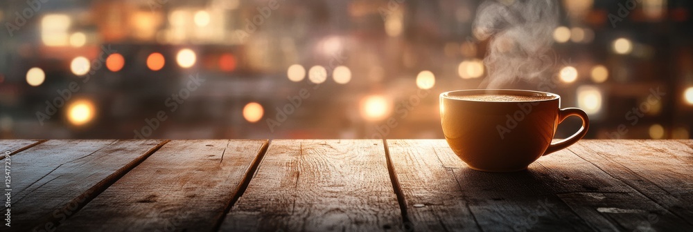 Poster Warm coffee cup with rising steam on rustic wooden table in cozy indoor setting during evening hours. Generative AI