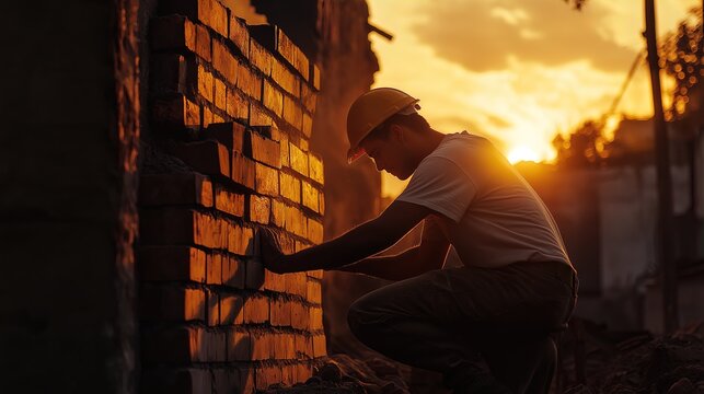 Constructing a brick wall at sunset by a dedicated worker on site