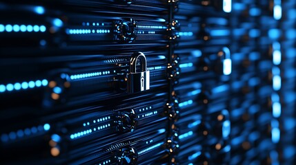 Secure Digital Data Storage with Lock and Blue Light Effects for Cybersecurity Concepts and Illustrations