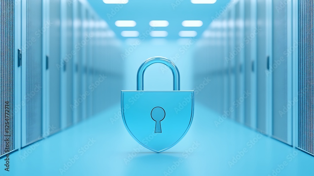 Poster secure digital environment with transparent lock symbolizing data protection in a modern server room