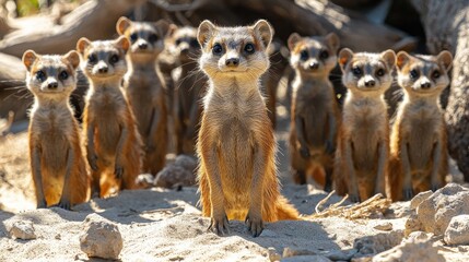 Fototapeta premium Group of meerkats standing alert in a sandy environment, observing their surroundings closely