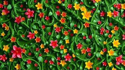 Naklejka premium Intricate Green Vines – 3D twisting vines with bright floral accents forming a dynamic abstract wallpaper