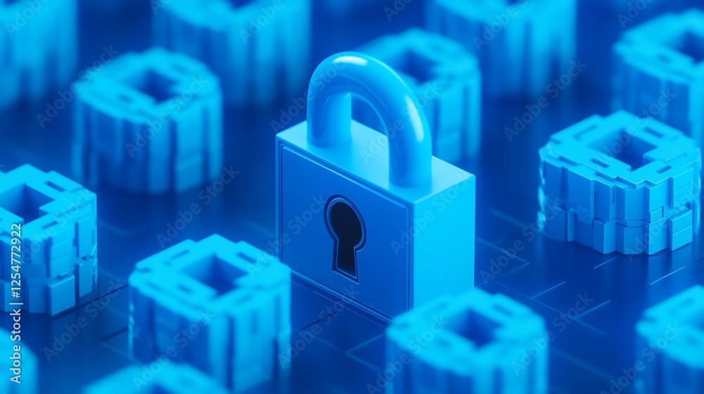 Poster secure digital lock on abstract background of glowing technology elements and data protection concep
