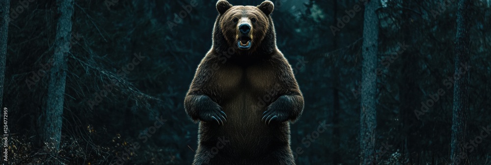 Aufkleber standing brown bear roars in a dark forest surrounded by tall trees during dusk. generative ai