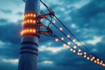 Electric pole with glowing LED lights wrapped around it at dusk. Illustrates smart city technology and energy efficiency.