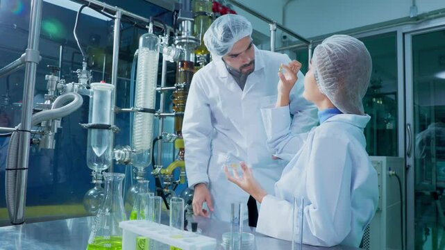 Science, cannabis and scientist with plant in laboratory for research, biology and study medicine. Healthcare, agriculture and men with weed or marijuana leaf for medical treatment, drugs or analysis