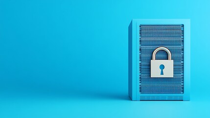 Secure Digital Storage Concept with Blue Server and Padlock on Vibrant Teal Background for Data Protection Themes