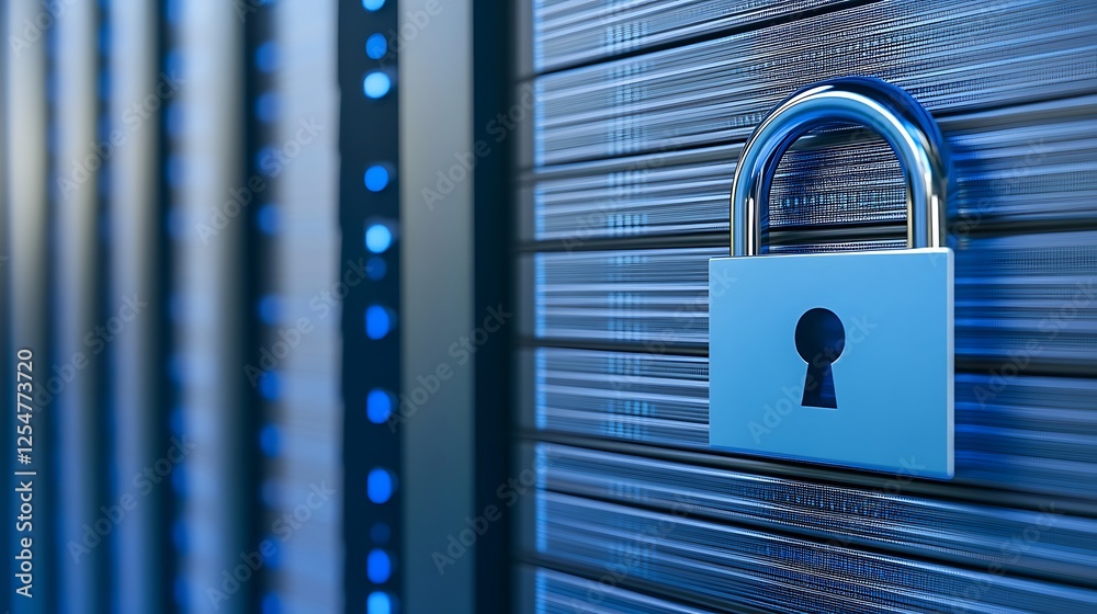 Poster secure lock on server rack representing data protection and cybersecurity measures in a digital envi