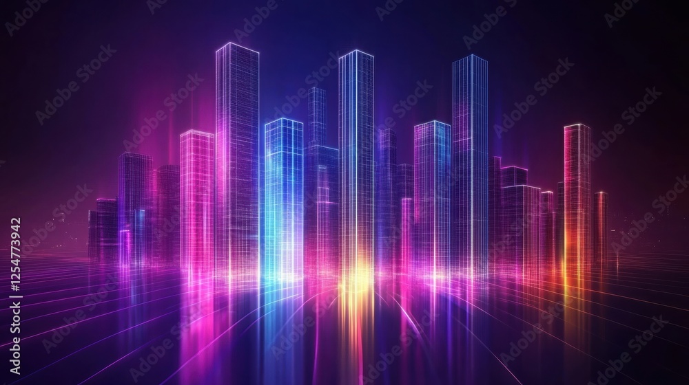 Poster Futuristic cityscape featuring vibrant skyscrapers illuminated by neon lights at night with a dynamic skyline. Generative AI