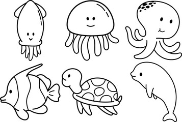 Illustration of sea animals cute doodle collection.