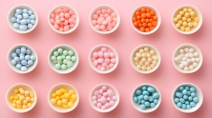 Pastel Colored Pills in White Bowls on Pink Background