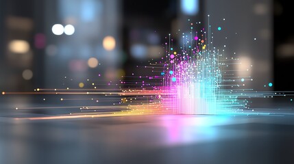 Colorful digital data visualization, abstract glowing pixels on a black background, modern tech innovation concept.
