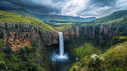 Fototapeta premium Majestic waterfall cascading down cliffs, lush valley background, scenic landscape, travel photography