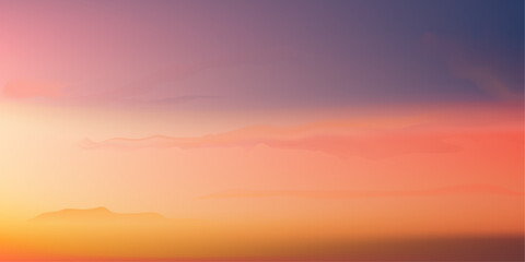 Sunset glowing in the sky evening with orange, red, purple, pink and yellow. The last light before the sun sets. Summer of Romantic sky in Dusk Twilight. Horizon Banner Sunlight. Vector background.