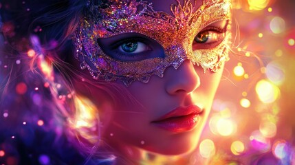 A beautiful girl with a delicate carnival mask on, surrounded by colorful lights and a festive mood.