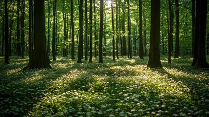 Obraz premium Glow forest idea. Serene forest landscape filled with sunlight and blooming wildflowers.