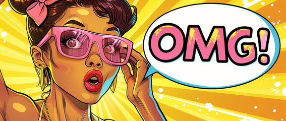 The word "OMG!" written in bubble text with comic effect, along with an excited girl wearing pink sunglasses and holding her hand to the side