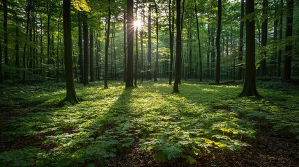 Glow forest idea. Sunlight filters through lush trees in a serene forest setting, creating a peaceful atmosphere.