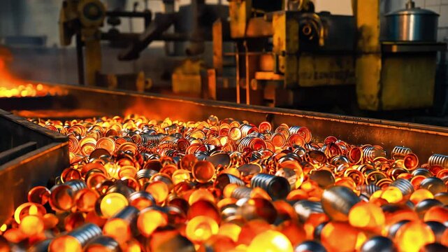 Metal cans being melted down for recycling in a production facility. The cans are fed into a large furnace, The melting process recycling metal for reuse in manufacturing	