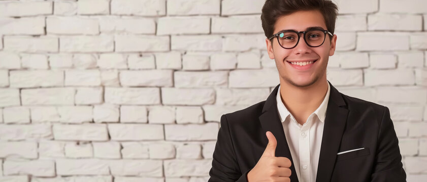 Young man in a suit with glasses, smile and showing a thumbs up gesture against a white brick wall background. Business concept for success or resort to a company's product with space for text.