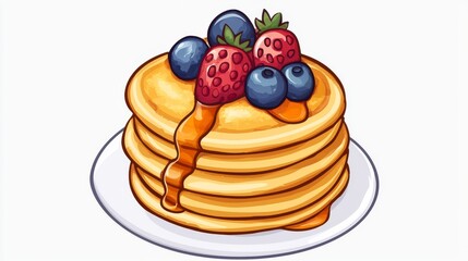 A stack of fluffy golden pancakes drizzled with maple syrup, topped with fresh berries on a plain white backdrop. 