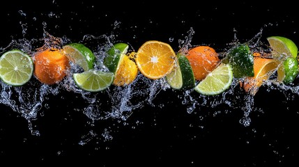 Fresh Citrus Fruits Splashing in Water Against Black Background