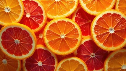 Vibrant Citrus Slices Background Featuring a Close-Up View of Juicy Orange and Blood Orange Segments Arranged in an Appealing Pattern