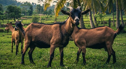 Fototapeta premium Brown Goats in Lush Green Tropical Pasture