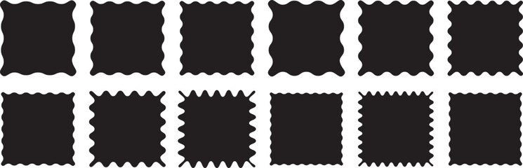 Square frames with wavy and zigzag edges set. Trendy curved silhouette frame box. Modern graphic template.