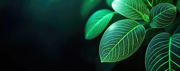 Glow forest idea. Close-up of vibrant green leaves with intricate textures and soft lighting.