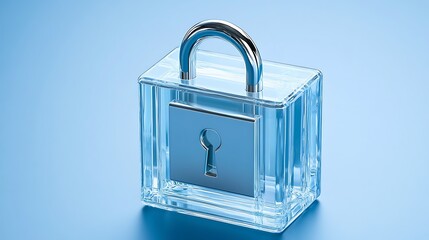 Transparent glass padlock with silver details on a sleek blue background for security concept imagery