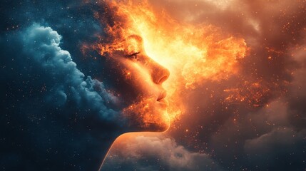 Silhouette of a woman's profile with fiery clouds and abstract elements.