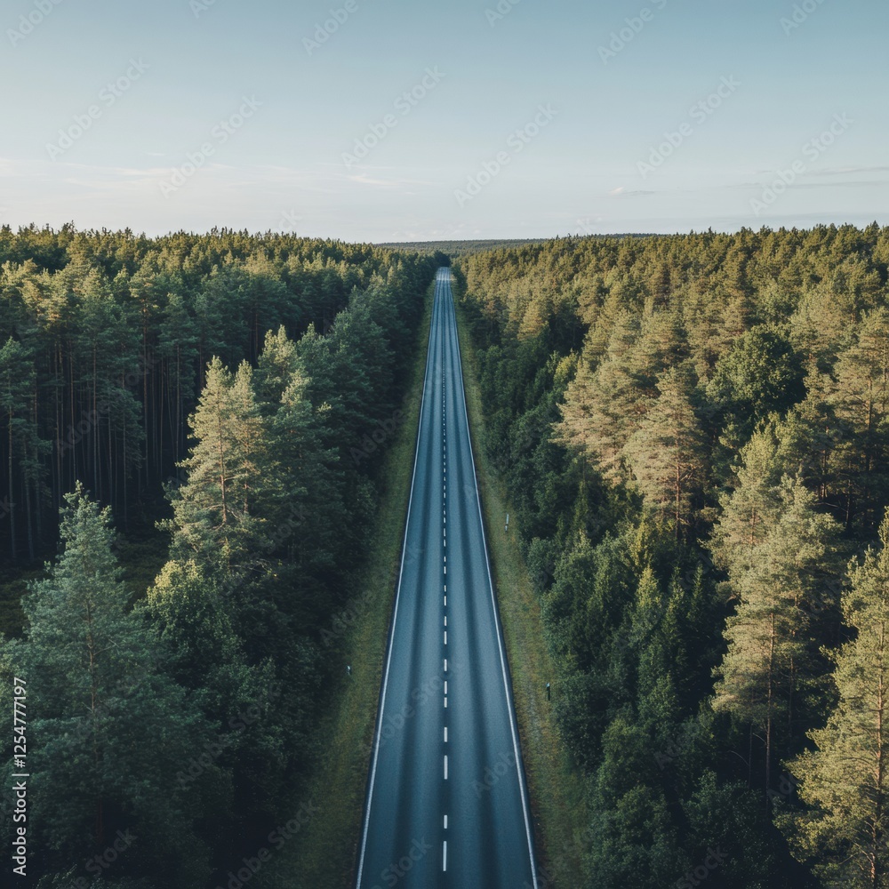 Aufkleber straight road leading into a dense forest under a clear sky during midday in a tranquil setting. gen