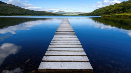 Naklejka premium Serene lake with wooden pier, mountain view, calm waters, peaceful nature scene for travel brochures