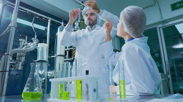 Science, cannabis and scientist with plant in laboratory for research, biology and study medicine. Healthcare, agriculture and men with weed or marijuana leaf for medical treatment, drugs or analysis