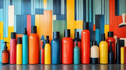 Vibrant collection of colorful bottles and containers against a bright artistic background.
