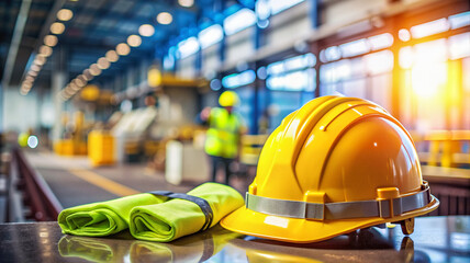 Yellow safety helmet and protective gear at industrial site