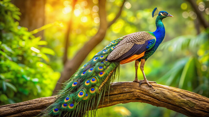 Naklejka premium Indian peacock perched on tree branch in sunlight