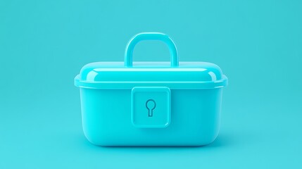 Turquoise Storage Container with Locking Mechanism on a Solid Light Blue Background for Organization Needs