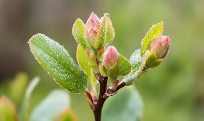 dew-covered buds and leaves in springtime, Generative AI